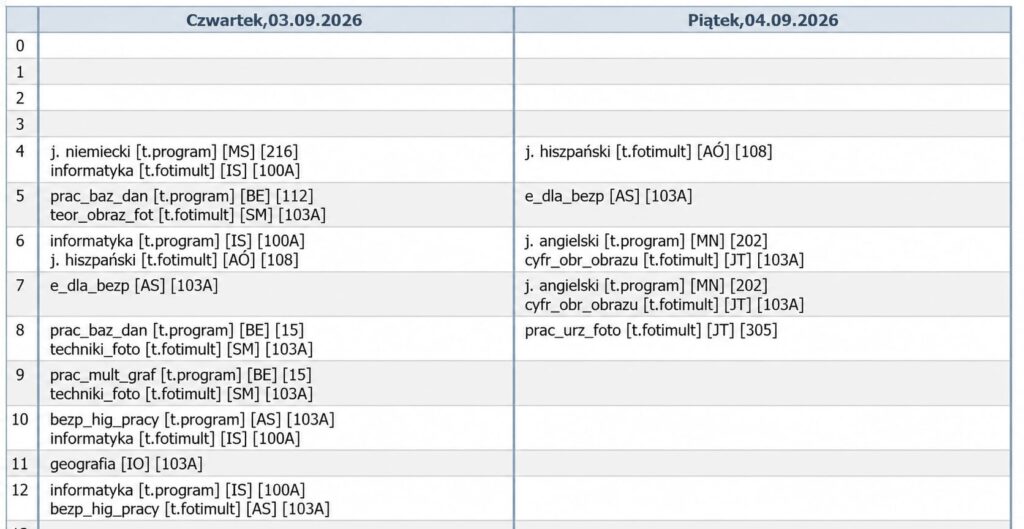 Plan Lekcji klasa 1 TPF