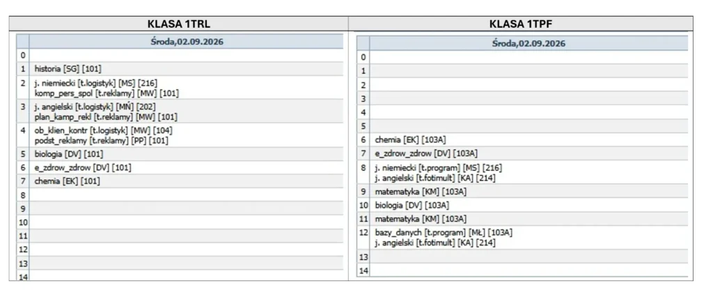 Plan lekcji klas pierwszych