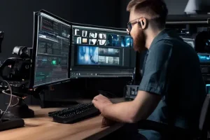 Technik programista przy komputerze podczas pracy.